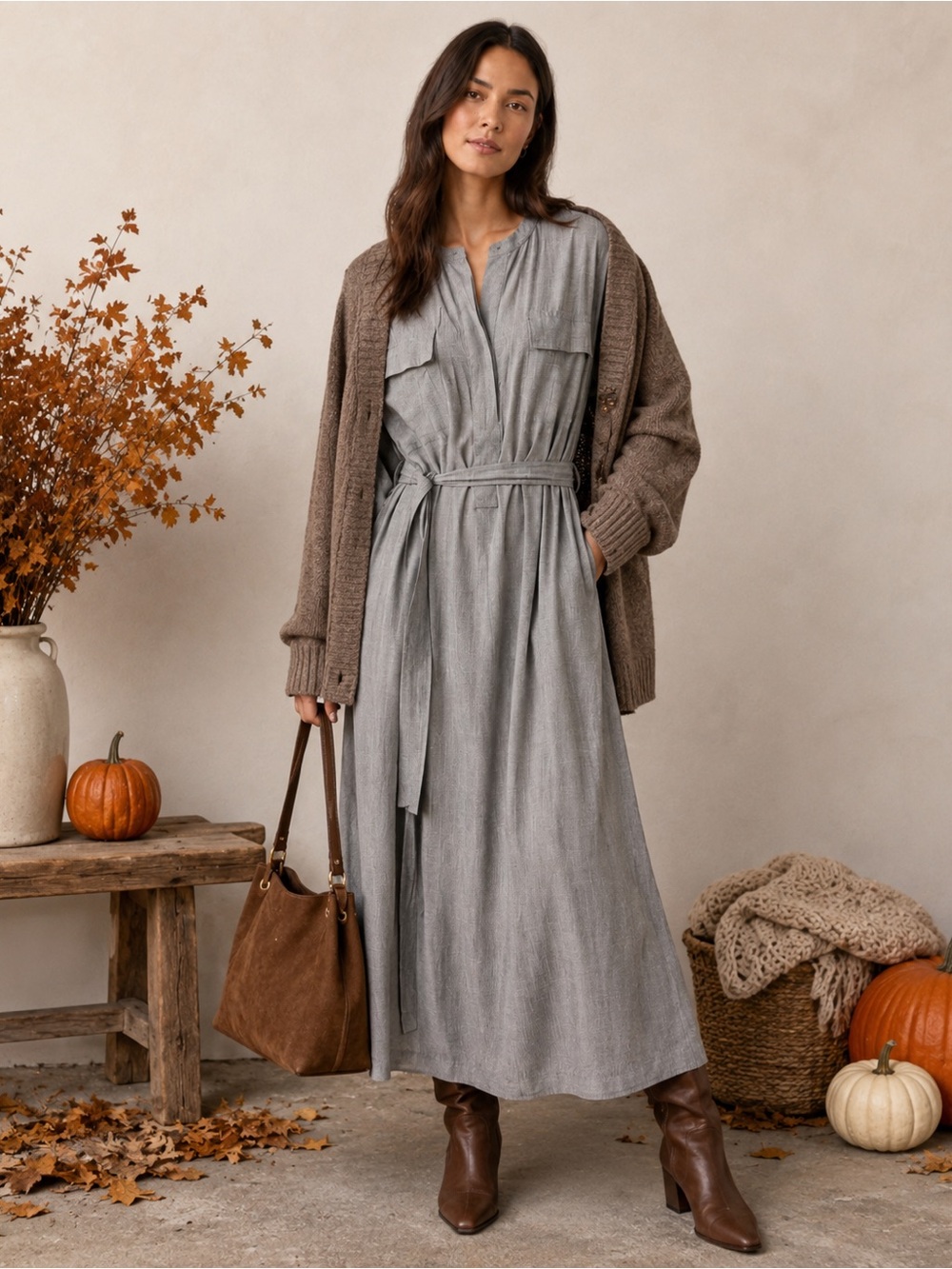 Nordstrom Gray Belted Shirt Dress Long Sleeve Size L -   NWT